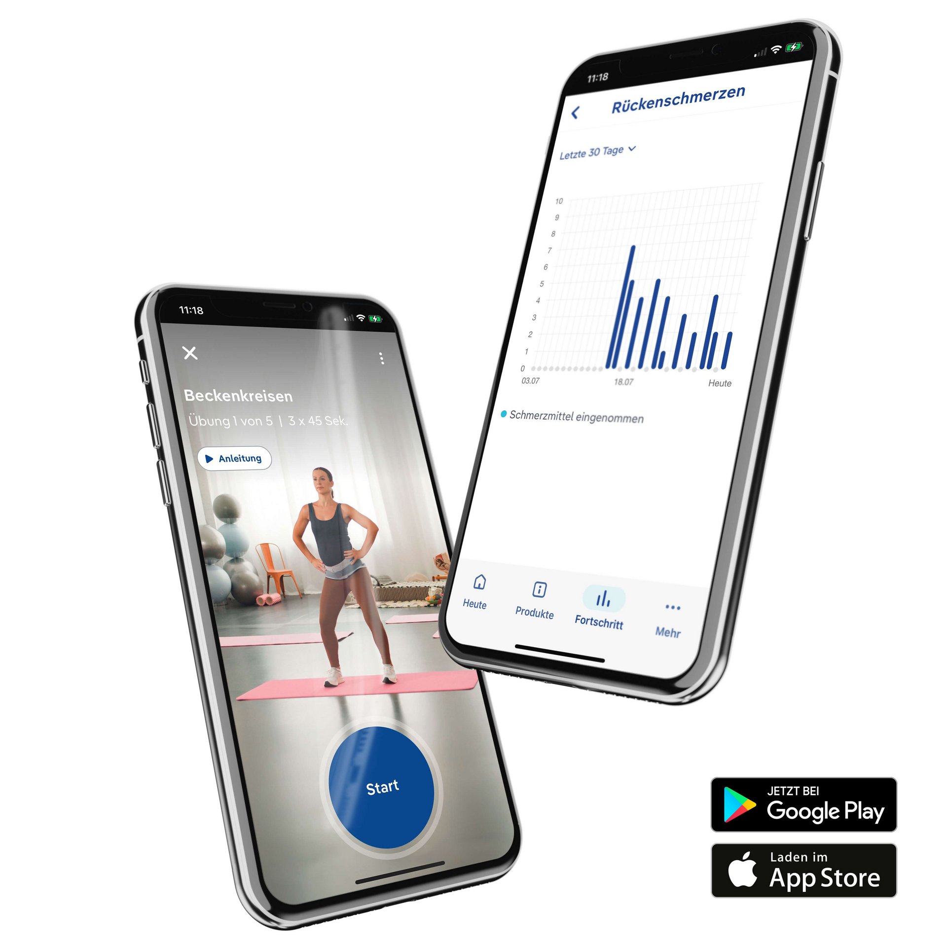 Abgebildet sind zwei Smartphones auf denen die Bauerfeind Therapie-App geöffnet ist. Die Bauerfeind Therapie-App ist eine kostenlose App die Übungen gegen Schmerzen bereitstellt.
