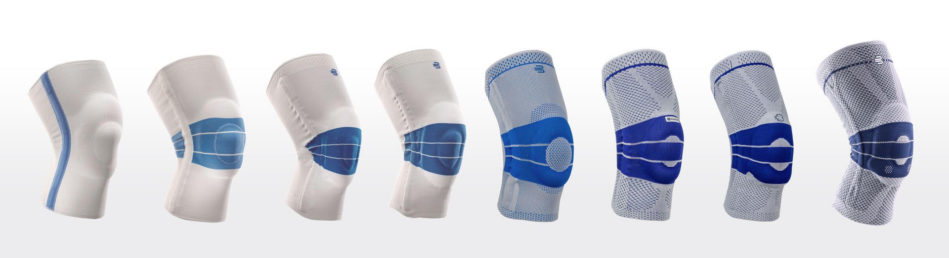 Produktabbildung der GenuTrain Kniebandage der Serie 1980-2019 von Bauerfeind – seitliche Ansicht der Bandage, grauer Strick-Körper, hervorstehende Polster- oder Druckzone über der Kniescheibe.