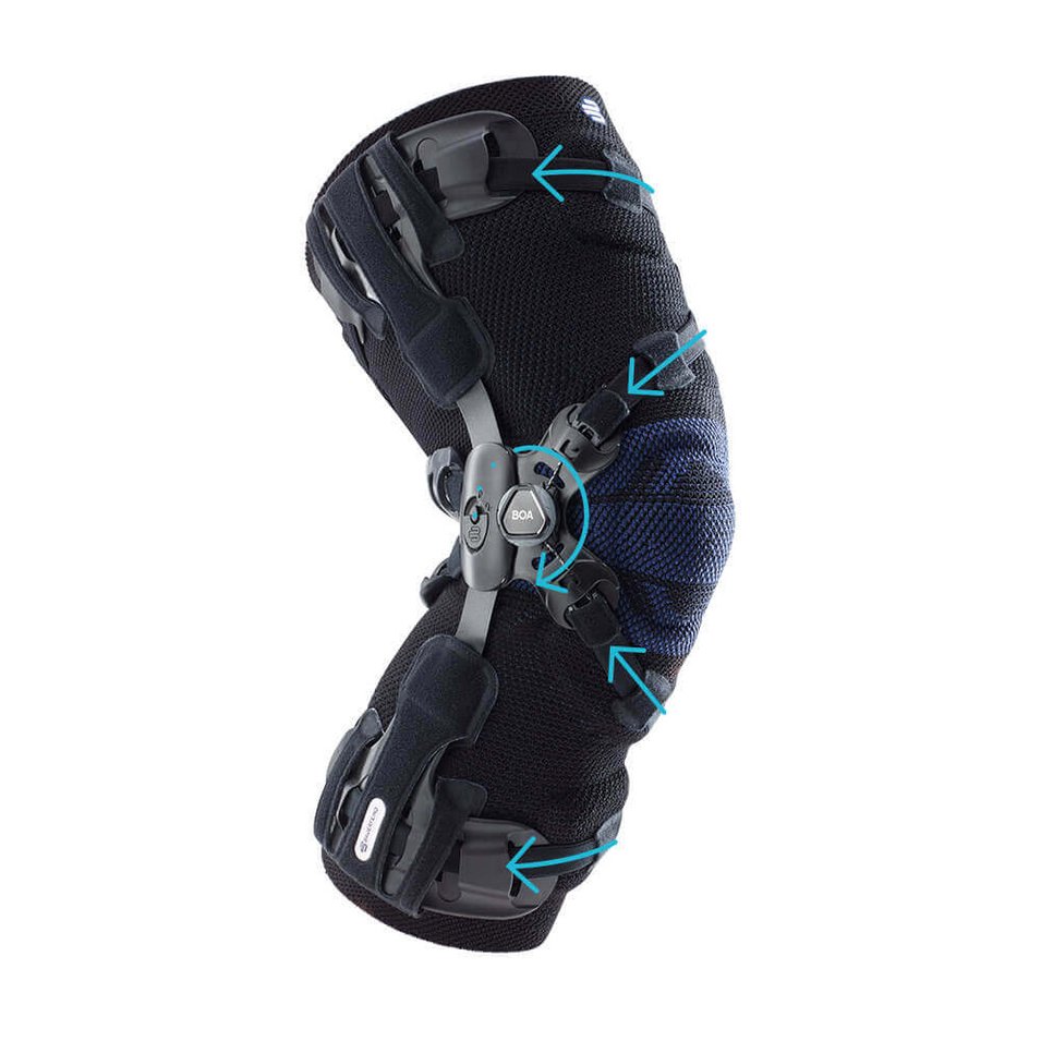 Knieorthese (GenuTrain OA) mit textiler Hülle, seitlichen Schienen und Drehrad zur komfortablen Entlastung des Kniegelenks bei Arthrose.